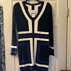 INC International Concepts Black, White & Blue Long Sleeve Knit Dress